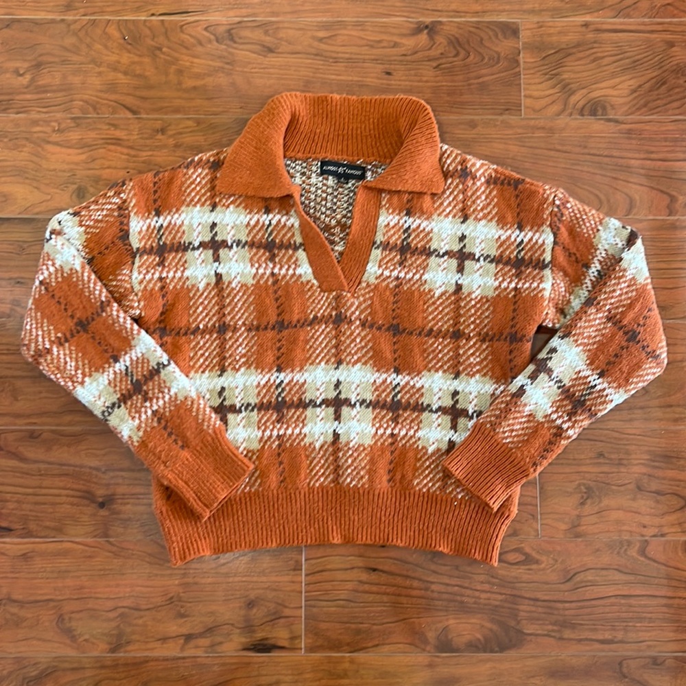 Almost Famous Orange Plaid V Neck Knit Sweater